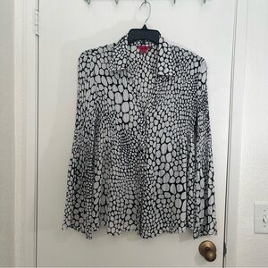Sunny Leigh Black and White Patterned Blouse Button Up Bell Sleeves Classic Work